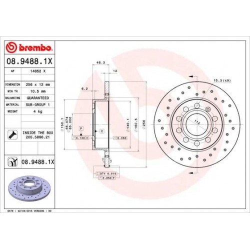 Δισκόπλακες VW GOLF 2004 - 2008 ( Mk5 ) BREMBO 08.9488.1X Δισκόπλακες VW GOLF 2004 - 2008 ( Mk5 ) BREMBO 08.9488.1X