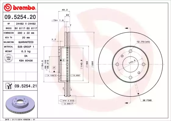 Δισκόπλακες NISSAN ALMERA 2000 - 2002 ( N16 ) BREMBO 09.5254.20