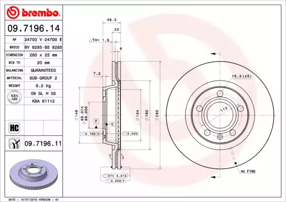 Δισκόπλακες VW PASSAT 1997 - 2000 ( 3B2 ) BREMBO 09.7196.14