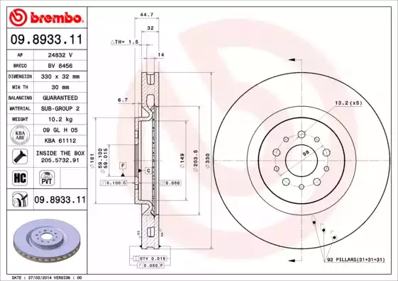 Δισκόπλακες ALFA ROMEO 147 2000 - 2004 ( 937 ) BREMBO 09.8933.11 Δισκόπλακες ALFA ROMEO 147 2000 - 2004 ( 937 ) BREMBO 09.8933.11