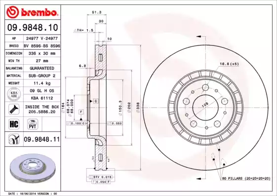 Δισκόπλακες VOLVO XC90 2003 - 2006 BREMBO 09.9848.10