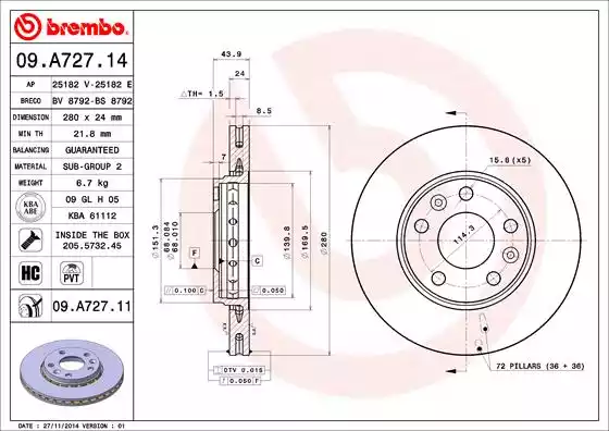 Δισκόπλακες RENAULT MEGANE 2008 - 2014 BREMBO 09.A727.14