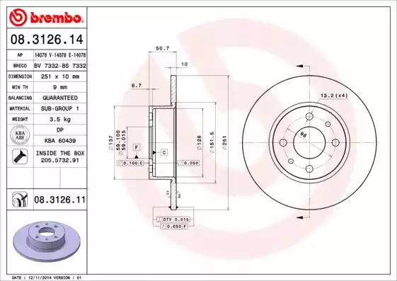 Δισκόπλακες FIAT BRAVO 2007 - 2011 BREMBO 08.3126.14