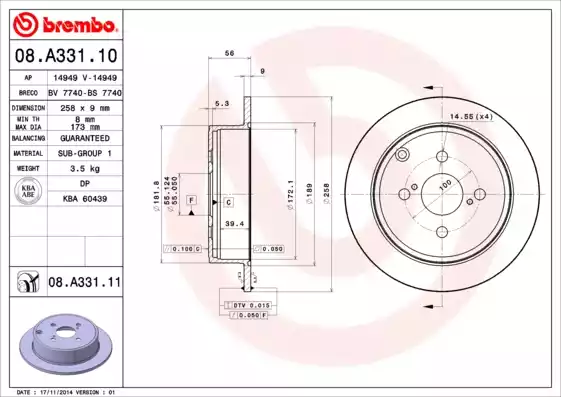 Δισκόπλακες TOYOTA COROLLA 2002 - 2004 ( E120 ) BREMBO 08.A331.10