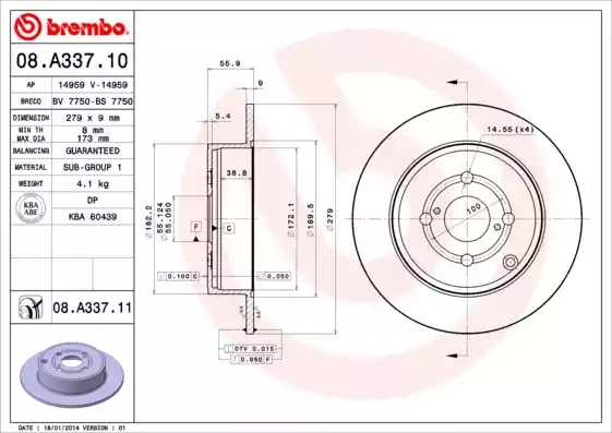 Δισκόπλακες TOYOTA COROLLA 2002 - 2004 ( E120 ) BREMBO 08.A337.10