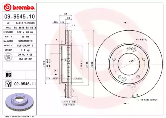 Δισκόπλακες KIA SORENTO 2002 - 2007 ( JC ) BREMBO 09.9545.10